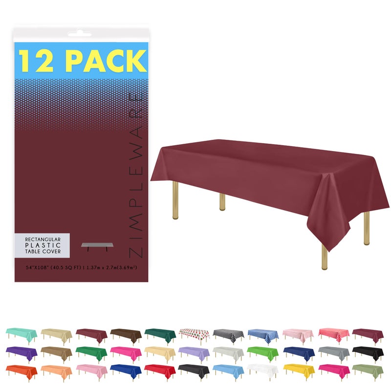 ZIMPLEWARE Premium Burgundy Plastic Table Cloth Disposable (12 Pk) Plastic Tablecloths for Rectangle Tables (54in x 108in) Party Table Cloths Disposable for 6ft to 8ft Rectangle Tables - Image 1